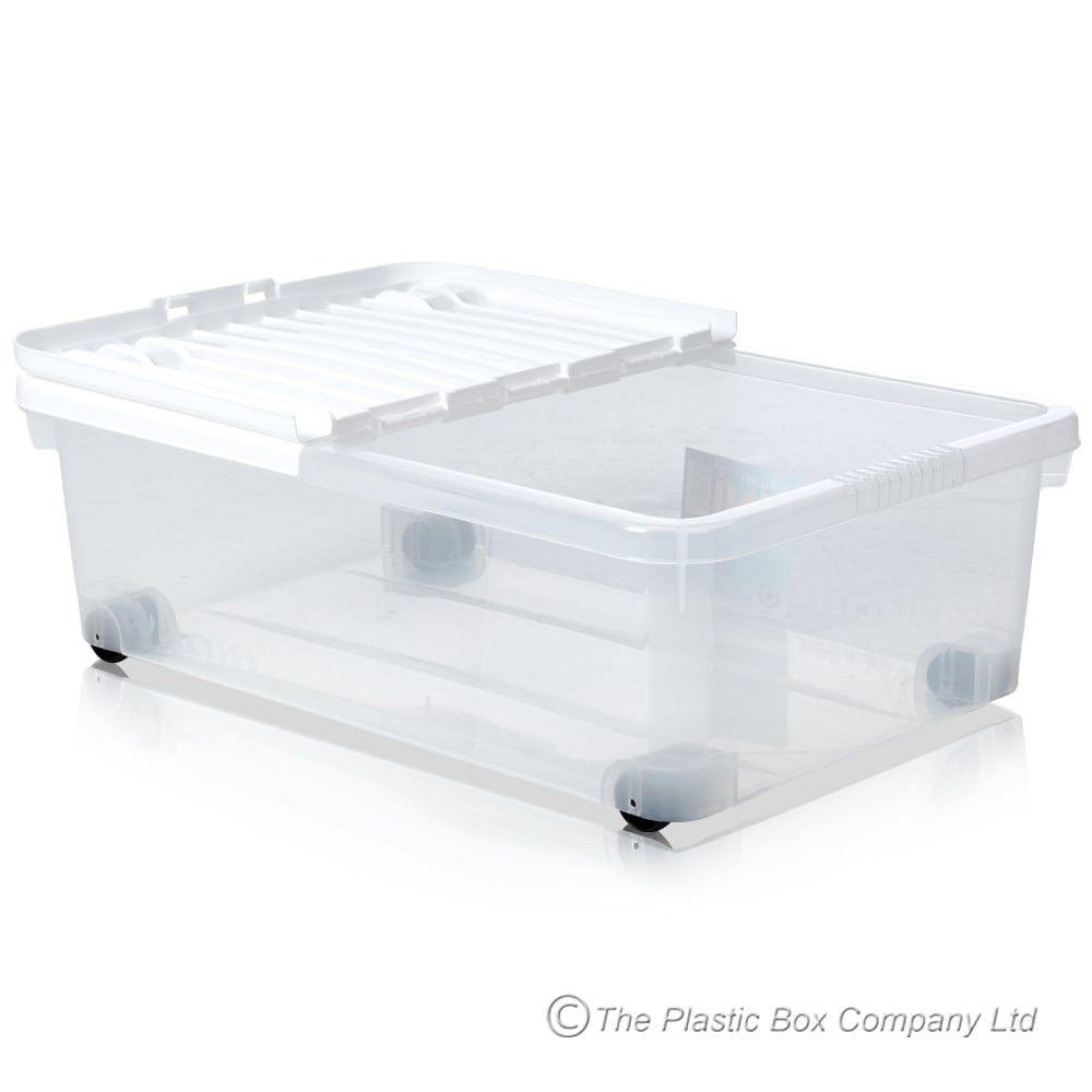 Pack of 5 - 32 Litre Under Bed Plastic Storage Boxes with Wheels and WHITE Lids -Wham-Plastic Box Shop