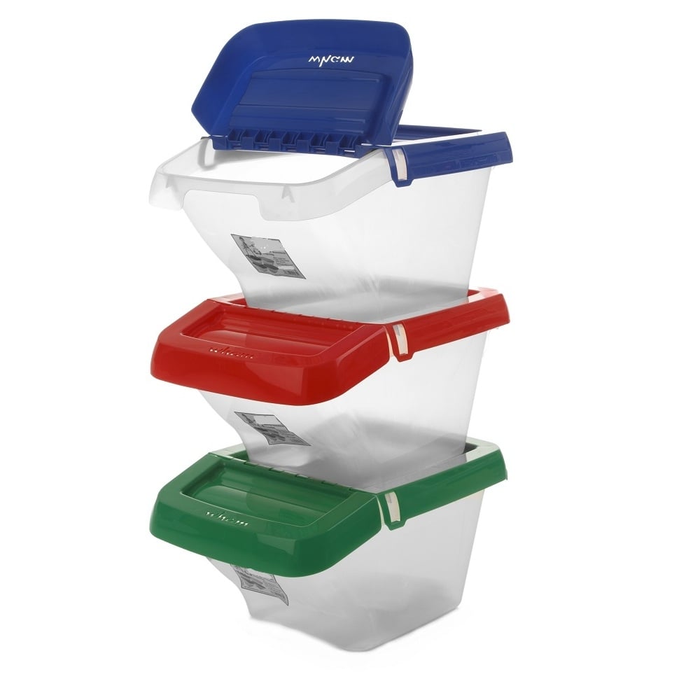 Pack of 3 - 50 Litre Stacking Plastic Recycling Box - Clear with Hinged Lid-Wham-1 x Red Lid, 1 x Blue Lid, 1 x Green Lid-WM50RSP3MIX-Plastic Box Shop