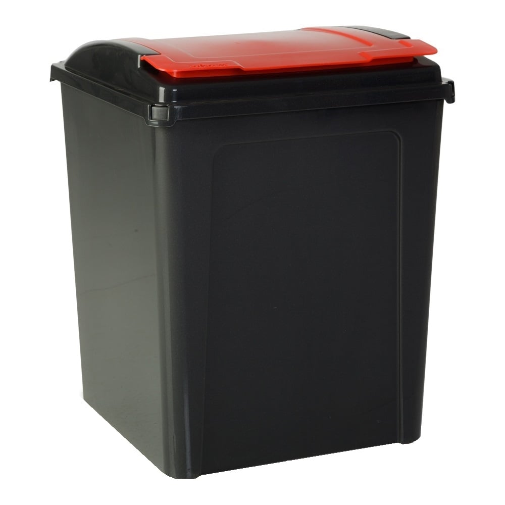 Large 50 Litre Slate Plastic Recycling Bin with Flip Lid-Wham-Black and Red Lid-WM50RSR-Plastic Box Shop