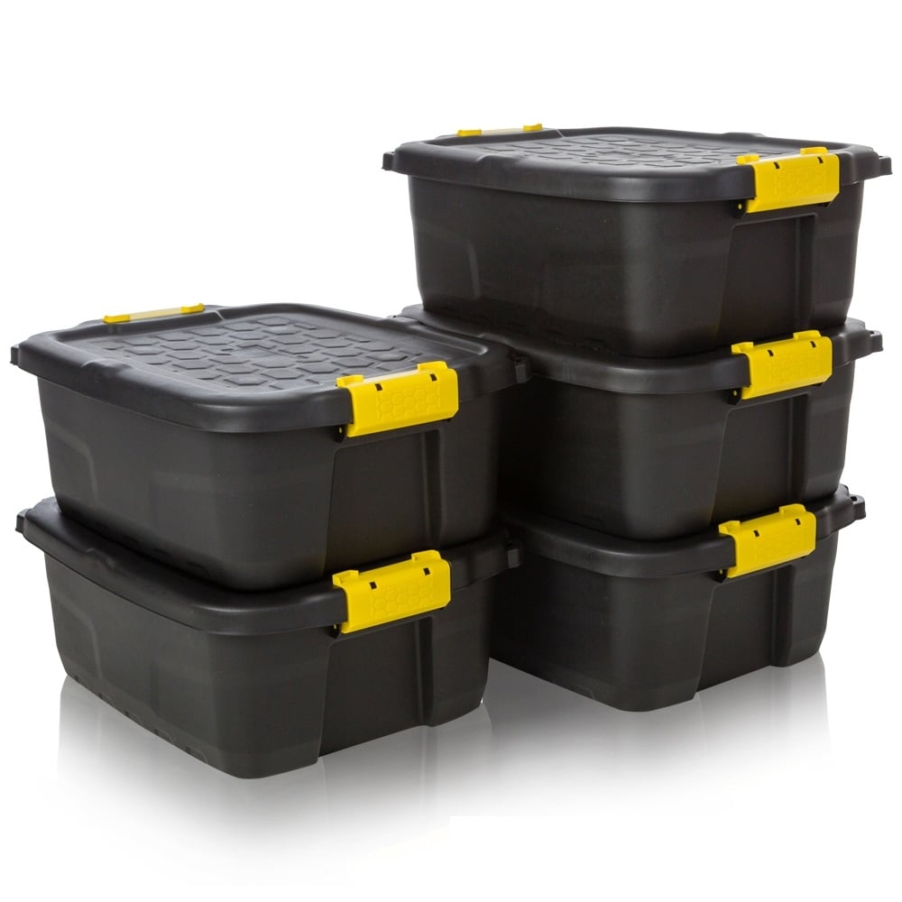Pack of 5 x 24L Heavy Duty Storage Trunk Black/Yellow-Strata-Plastic Box Shop