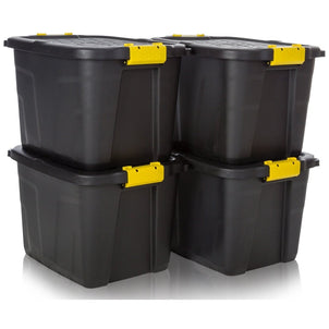 Pack of 4 x 42L Heavy Duty Storage Trunk Black/Yellow-Strata-Plastic Box Shop