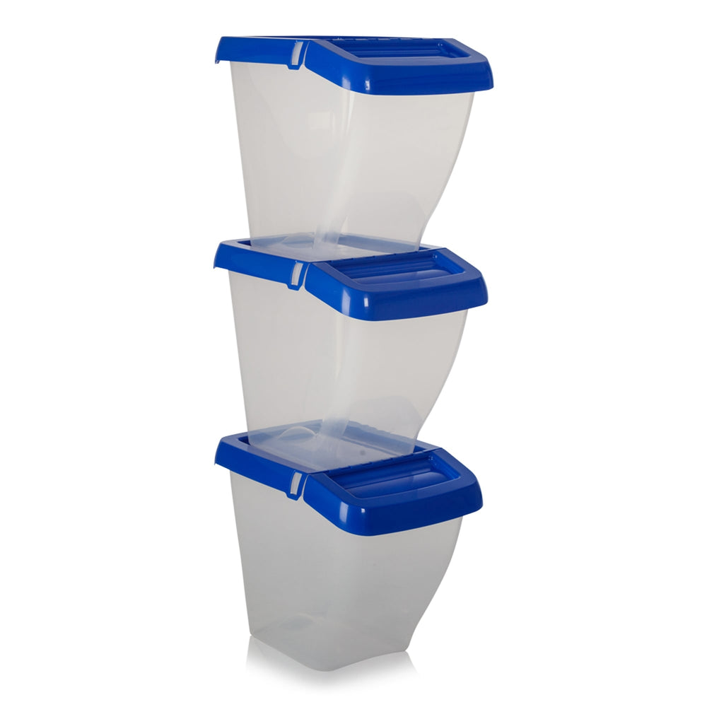 Pack of 3 - 50 Litre Stacking Plastic Recycling Box - Clear with Hinged Lid-Wham-Clear and Blue-WM50RSP3B-Plastic Box Shop