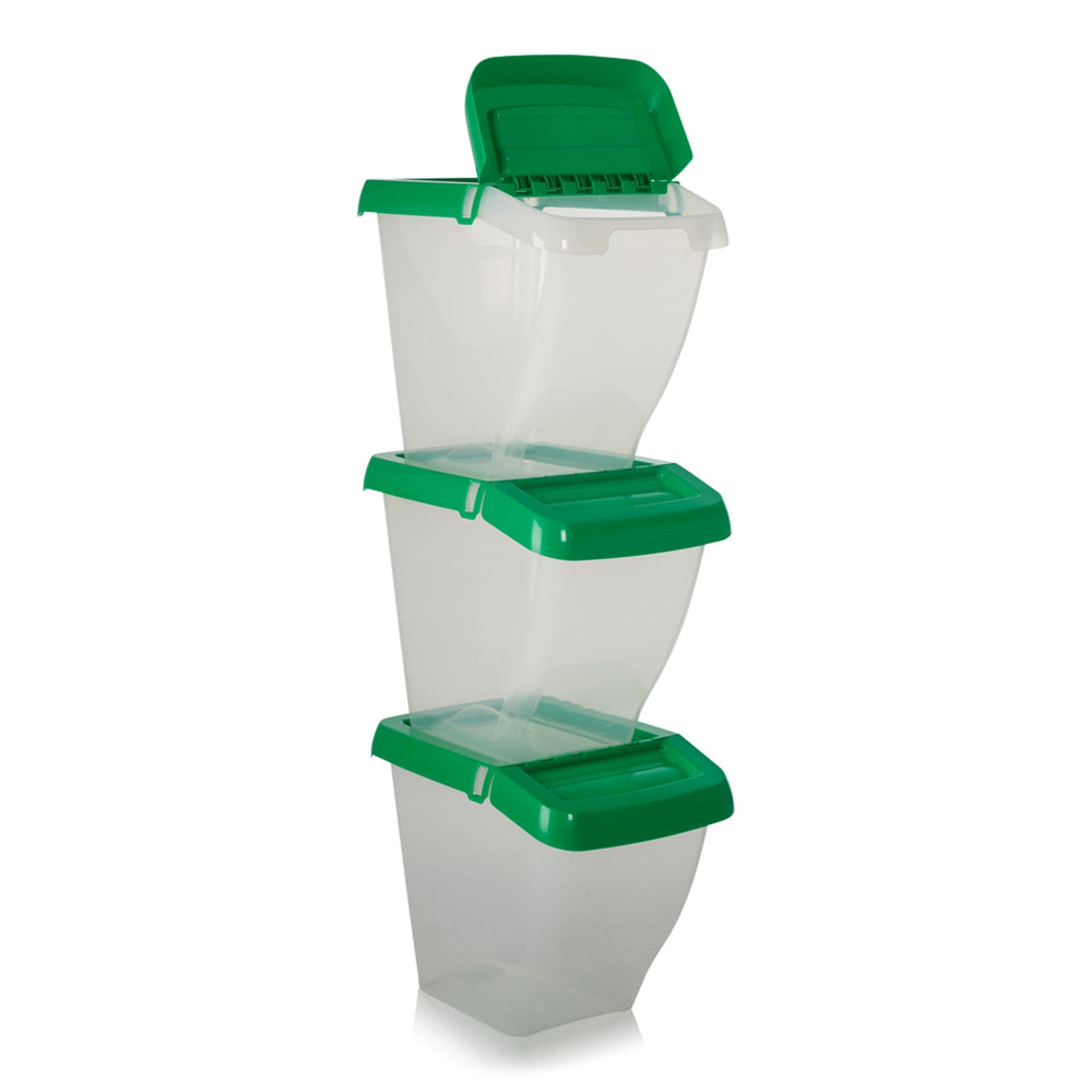 Pack of 3 - 50 Litre Stacking Plastic Recycling Box - Clear with Hinged Lid-Wham-Clear and Green-WM50RSP3G-Plastic Box Shop