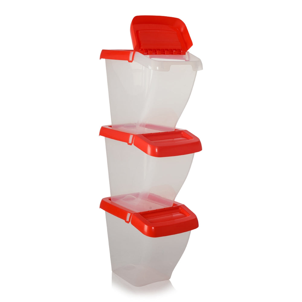 Pack of 3 - 50 Litre Stacking Plastic Recycling Box - Clear with Hinged Lid-Wham-Clear and Red-WM50RSP3R-Plastic Box Shop