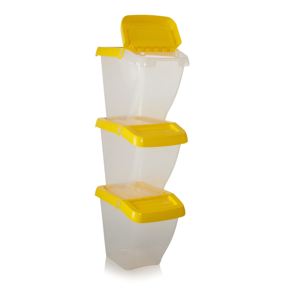 Pack of 3 - 50 Litre Stacking Plastic Recycling Box - Clear with Hinged Lid-Wham-Clear and Yellow-WM50RSP3Y-Plastic Box Shop