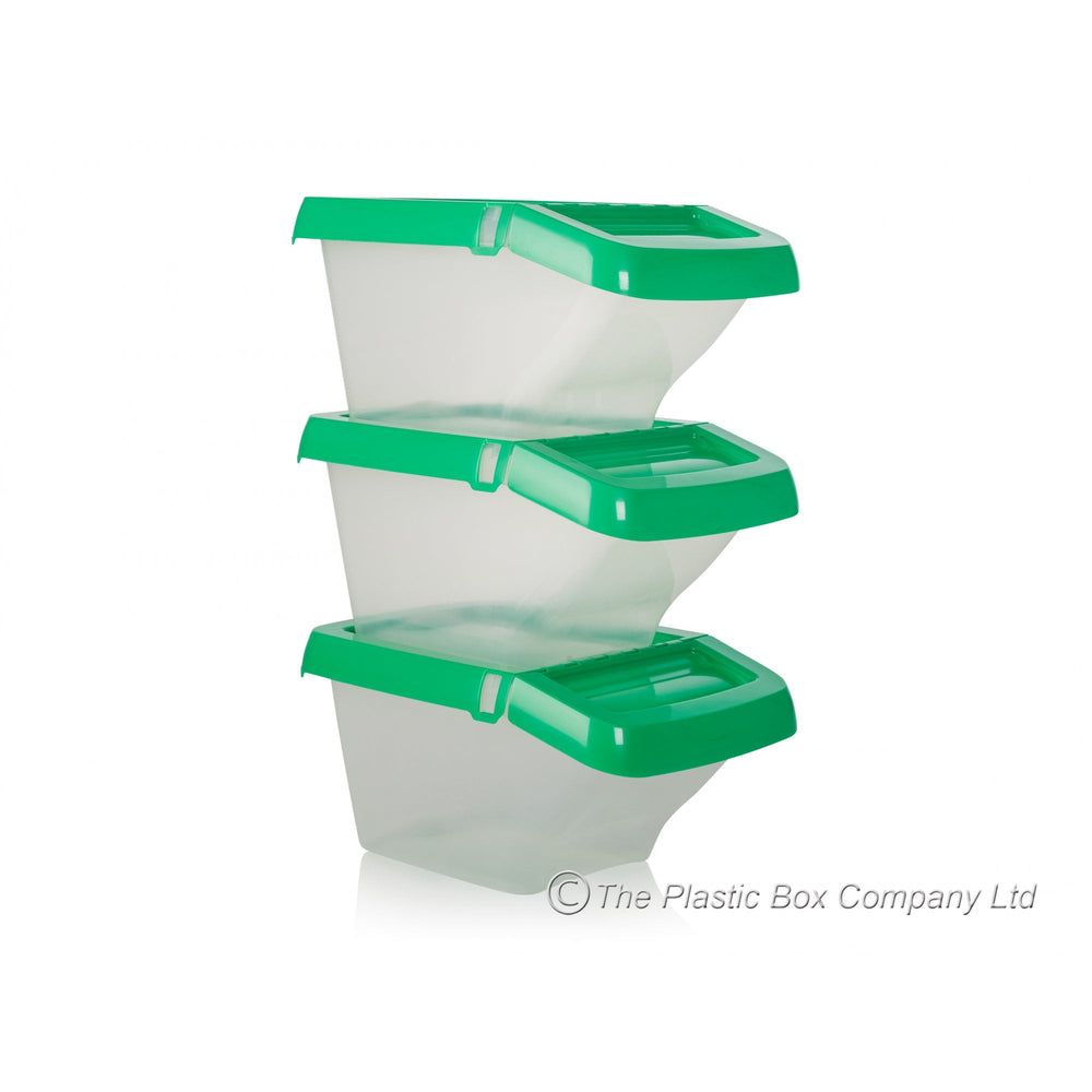 Pack of 3 - 30 Litre Stacking Plastic Recycling Box - Clear with Hinged Lid-Wham-Clear and Green-WM30RCP3G-Plastic Box Shop
