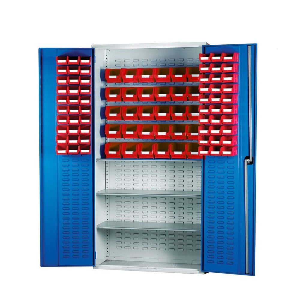 Topstore Louvred Panel Container Cabinet with 3 Shelves - 60 x TC2 and 30 x TC3 Bins-BS-Red-BS013092-Plastic Box Shop