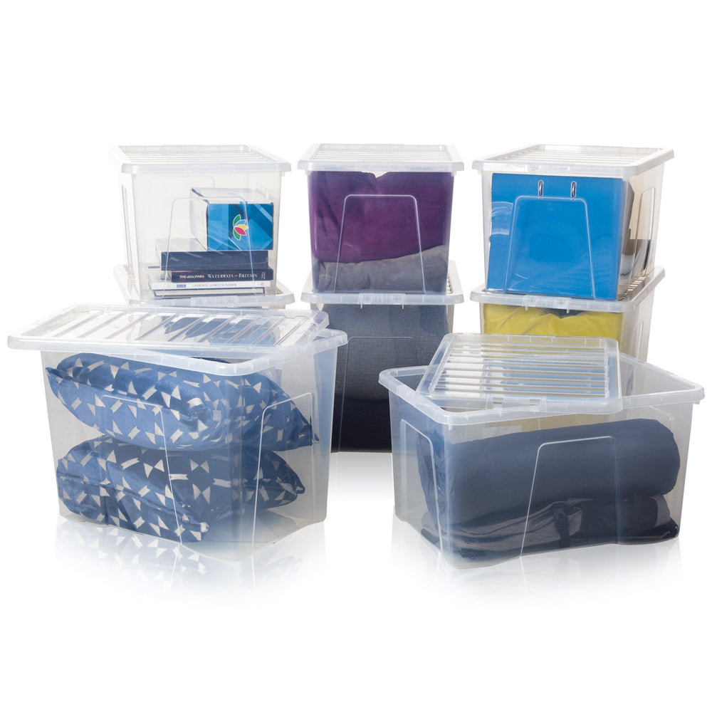 Wham Crystal Mixed 4 x 80 Litre and 4 x 60 Litre Plastic Storage Boxes with Lids - Stackable & Nestable - Clear-Wham-Plastic Box Shop