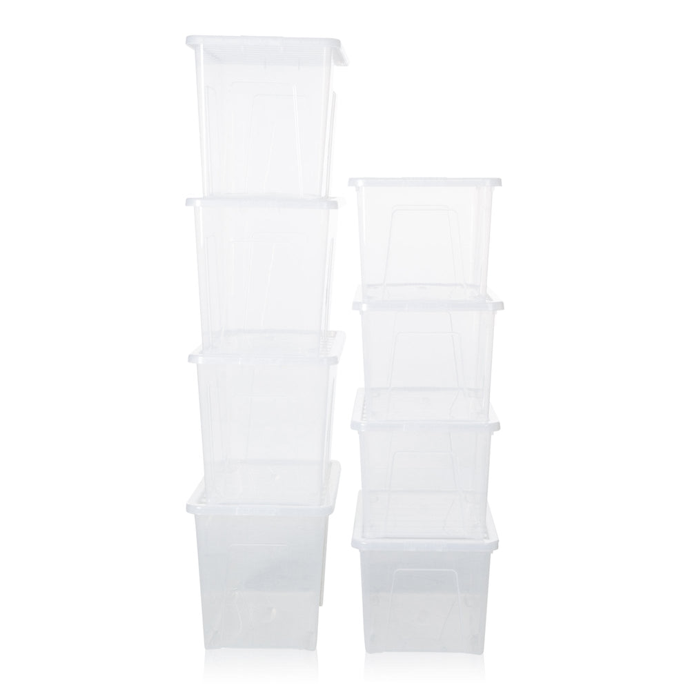 Wham Crystal Mixed 4 x 80 Litre and 4 x 60 Litre Plastic Storage Boxes with Lids - Stackable & Nestable - Clear-Wham-Plastic Box Shop