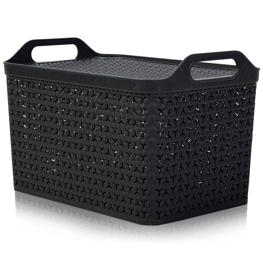 Large Urban Style Plastic Storage Basket with Lid-Strata-Charcoal-STLUBCH-Plastic Box Shop