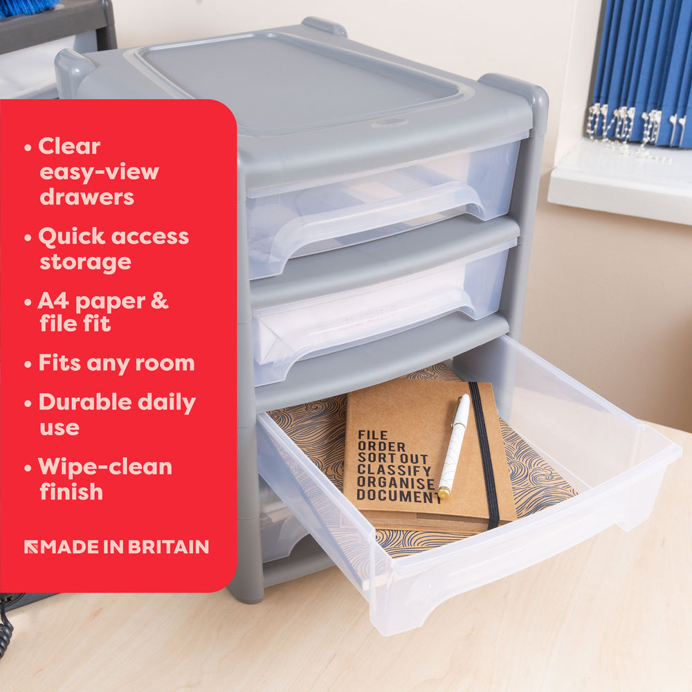 Shallow 4 Plastic Drawer Unit - Steel (16101)-Wham-Plastic Box Shop