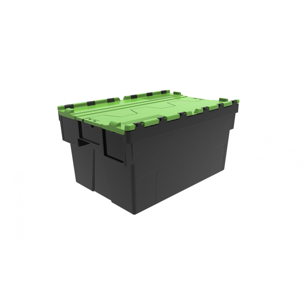 Pallet of 85 x 56 Litre Attached Lid ALC Containers (310mm high)-LH-Black and Green Lid-LH310P85RG-Plastic Box Shop