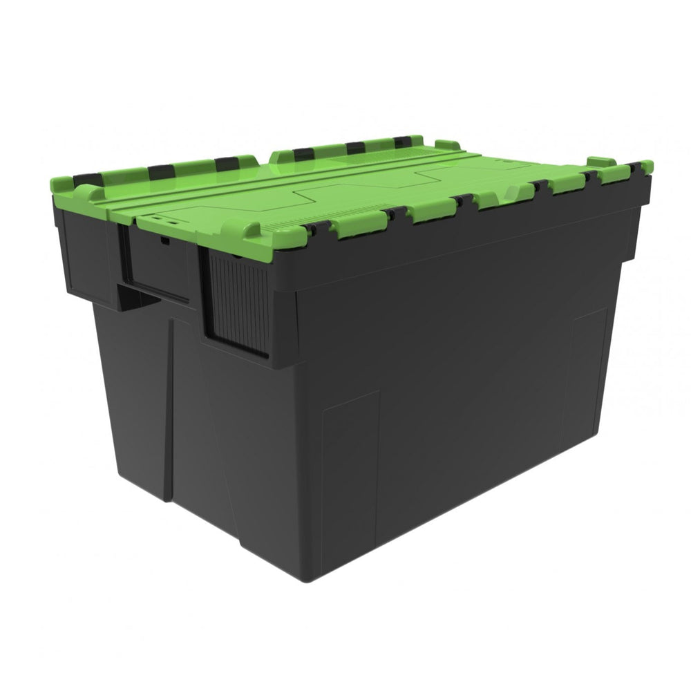Pack of 2 x 65L Attached Lid ALC Containers (365mm high)-LH-Black and Green Lid-LH365P2RG-Plastic Box Shop