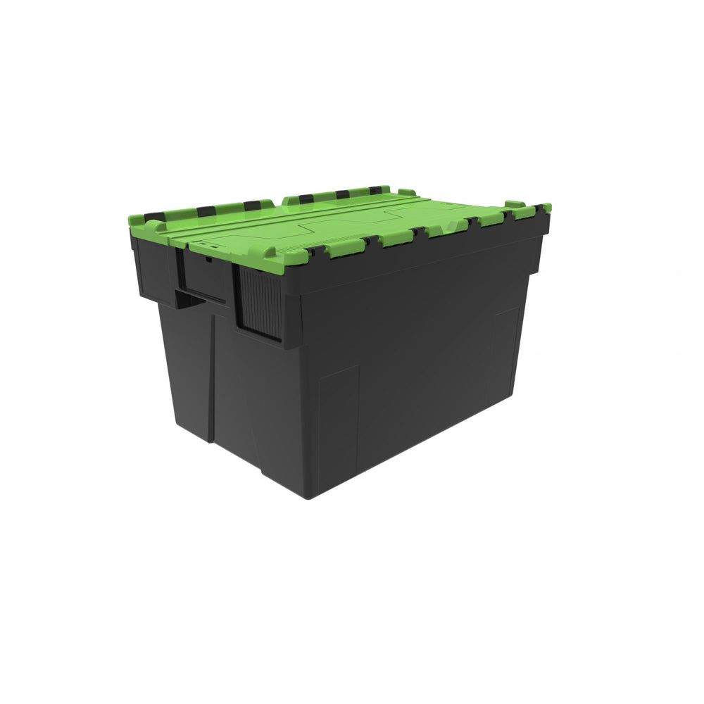 Pallet of 85 x 65 Litre Attached Lid ALC Containers (365mm high)-LH-Black and Green Lid-LH365P85RG-Plastic Box Shop