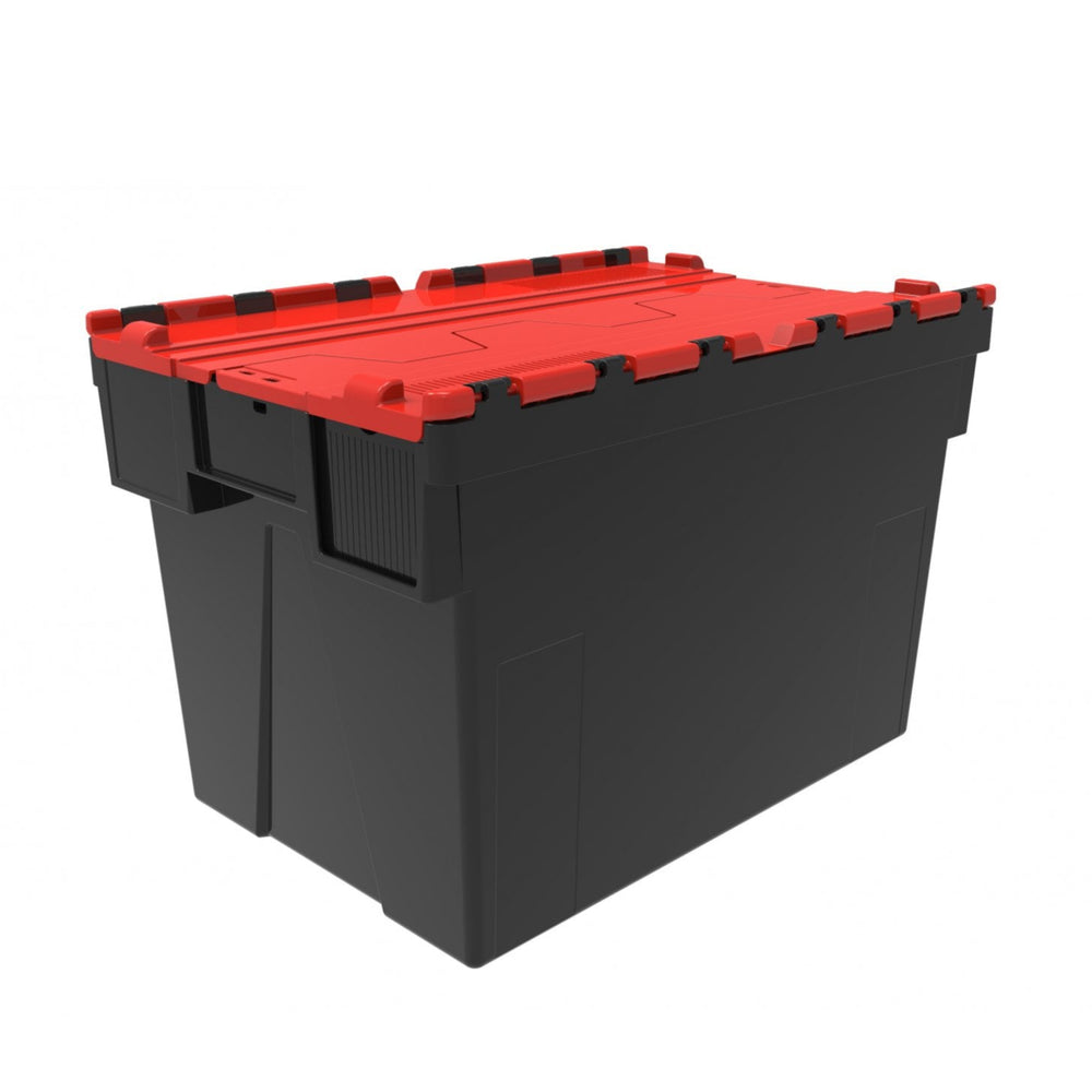 Pallet of 80 x 80 Litre Attached Lid ALC Containers (400mm high)-LH-Black and Red Lid-LH400P80R-Plastic Box Shop