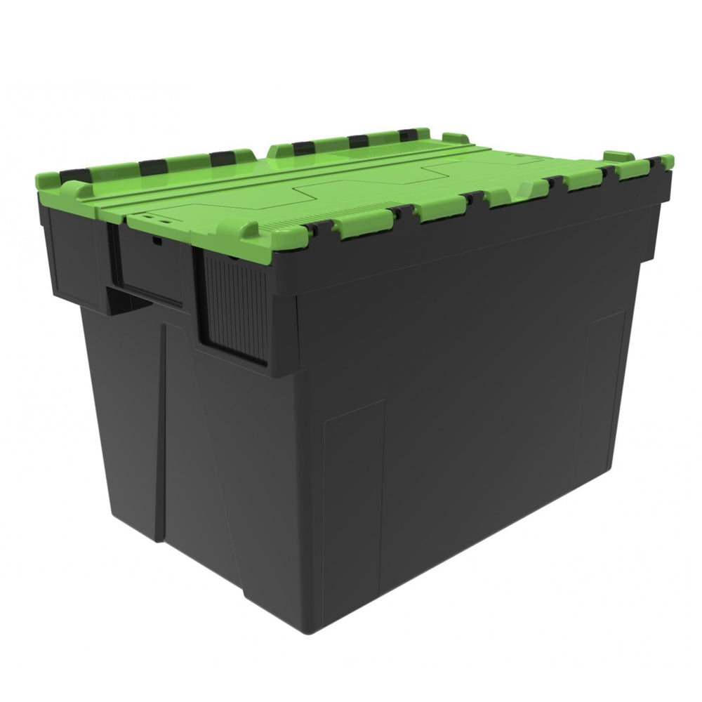 Pallet of 80 x 80 Litre Attached Lid ALC Containers (400mm high)-LH-Black and Green Lid-LH400P80RG-Plastic Box Shop