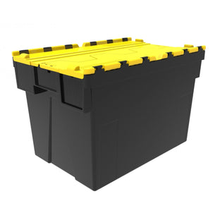 Pallet of 80 x 80 Litre Attached Lid ALC Containers (400mm high)-LH-Black and Yellow Lid-LH400P80RY-Plastic Box Shop