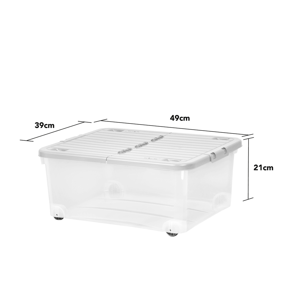 30 Litre Under Bed Plastic Box with Wheels and Folding Lid-Wham-Clear and Cool Grey-WM30WCGS-Plastic Box Shop