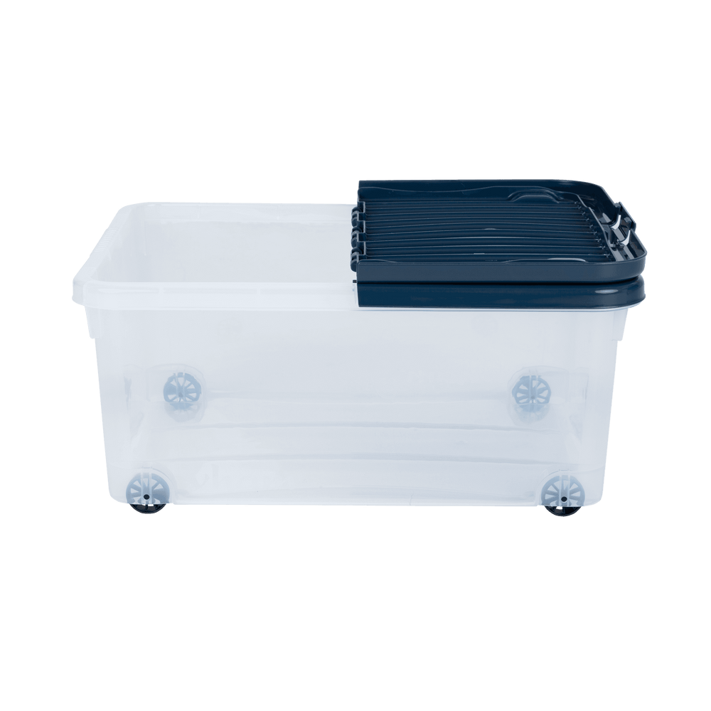 30 Litre Under Bed Plastic Box with Wheels and Folding Lid-Wham-Clear and Navy Blue-WM30WCNS-Plastic Box Shop