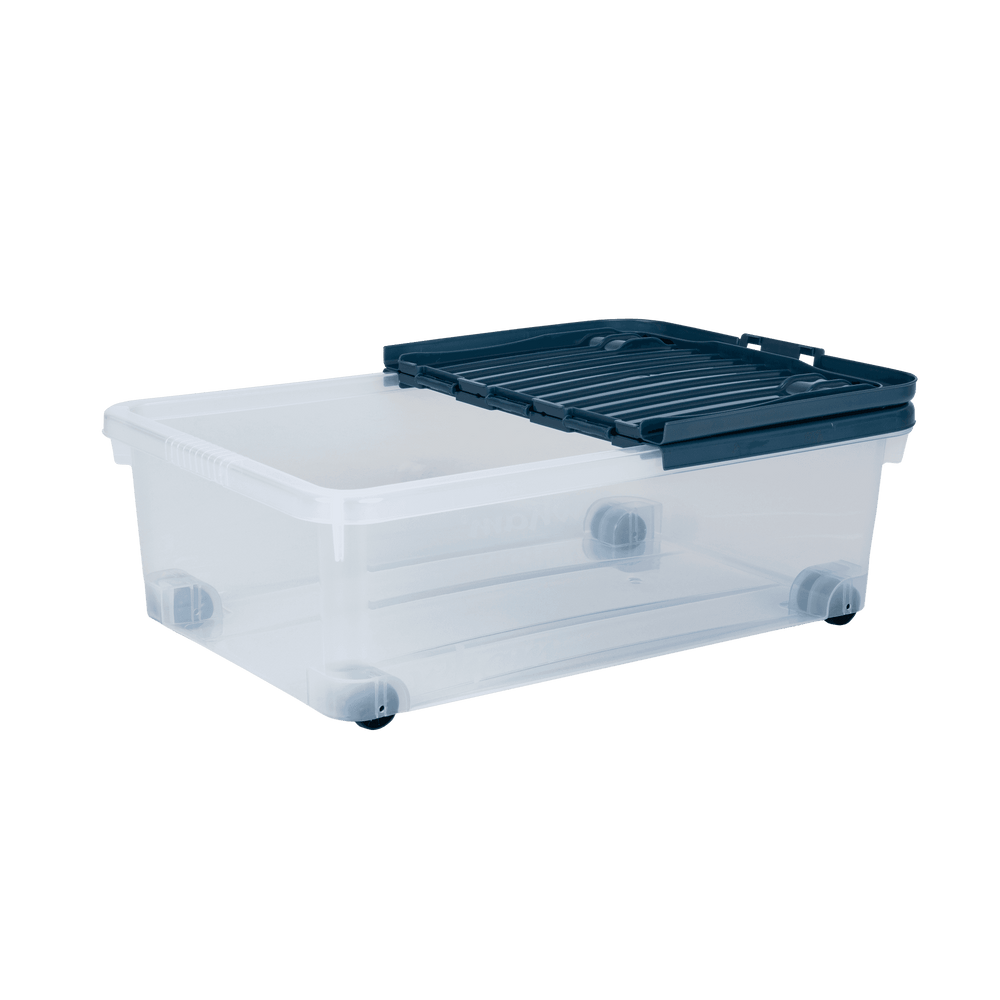 32 Litre Plastic Under Bed Storage Box With Wheels and Folding Lid-Wham-Clear and Navy Blue-WM32WP5CNS-Plastic Box Shop