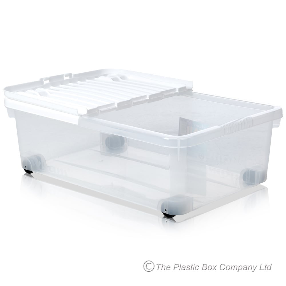 Pack of 5 - 32 Litre Under Bed Plastic Storage Boxes with Wheels and WHITE Lids -Wham-Plastic Box Shop