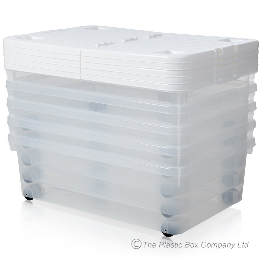 Pack of 5 - 32 Litre Under Bed Plastic Storage Boxes with Wheels and WHITE Lids -Wham-Clear and White-WM32WP5-Plastic Box Shop