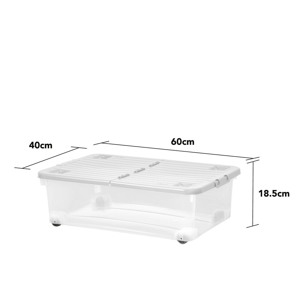 Pack of 5 - 32 Litre Under Bed Plastic Storage Boxes with Wheels and WHITE Lids -Wham-Clear and Cool Grey-WM32WP5CG-Plastic Box Shop