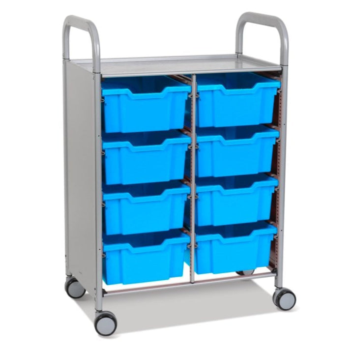 Callero Plus Double Column Silver Trolley with 8 Deep Trays-Gratnells-Cyan Blue-GRSSET13442626-Plastic Box Shop
