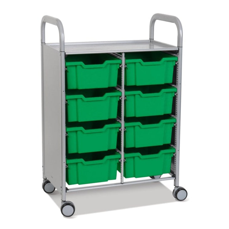 Callero Plus Double Column Silver Trolley with 8 Deep Trays-Gratnells-Grass Green-GRSSET13441010-Plastic Box Shop