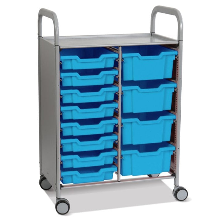 Callero Plus Double Column Silver Trolley with 8 Shallow & 4 Deep Trays-Gratnells-Cyan Blue-GRSSET18442626-Plastic Box Shop