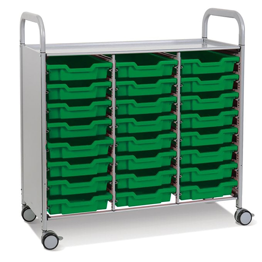 Callero Plus Treble Column Silver Trolley with 24 Shallow Trays-Gratnells-Grass Green-GRSSET0344101010-Plastic Box Shop