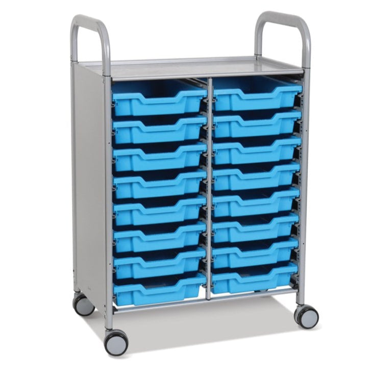 Callero Plus Double Column Silver Trolley with 16 Shallow Trays-Gratnells-Cyan Blue-GRSSET05442626-Plastic Box Shop