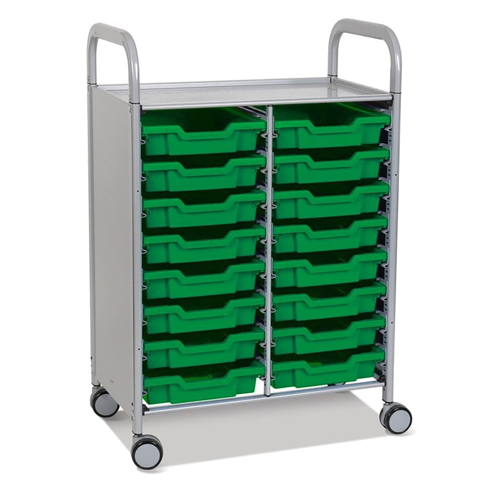 Callero Plus Double Column Silver Trolley with 16 Shallow Trays-Gratnells-Grass Green-GRSSET05441010-Plastic Box Shop