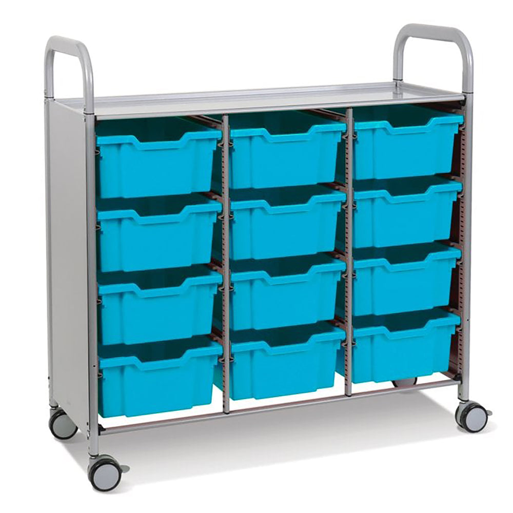 Callero Plus Treble Column Silver Trolley with 12 Deep Trays-Gratnells-Cyan Blue-GRSSET0744262626-Plastic Box Shop