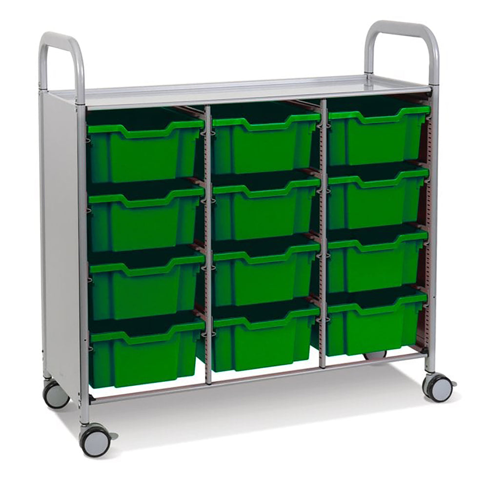 Callero Plus Treble Column Silver Trolley with 12 Deep Trays-Gratnells-Grass Green-GRSSET0744101010-Plastic Box Shop