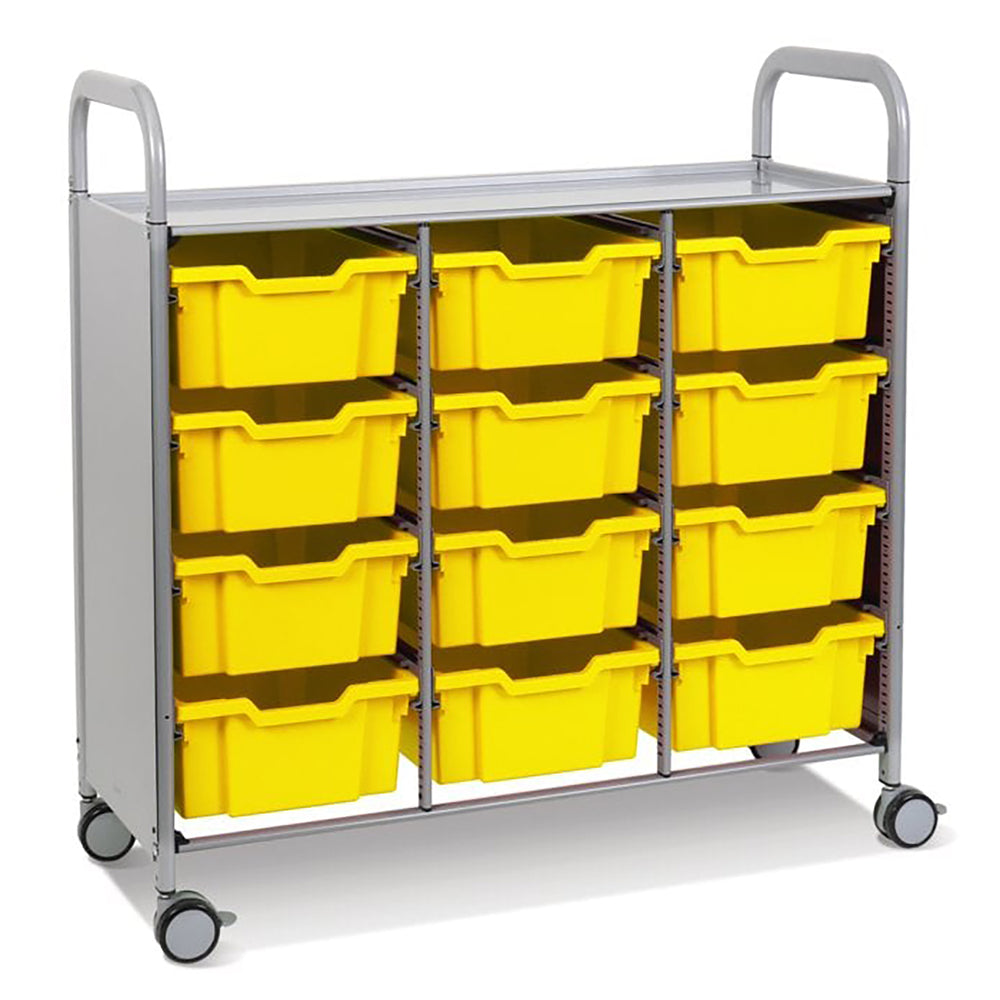 Callero Plus Treble Column Silver Trolley with 12 Deep Trays-Gratnells-Sunshine Yellow-GRSSET0744020202-Plastic Box Shop