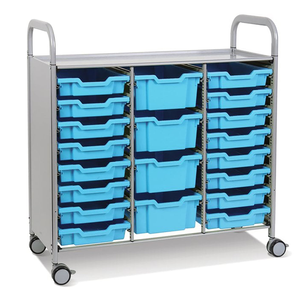 Callero Plus Treble Column Silver Trolley with 16 Shallow & 4 Deep Trays-Gratnells-Cyan Blue-GRSSET1744262626-Plastic Box Shop