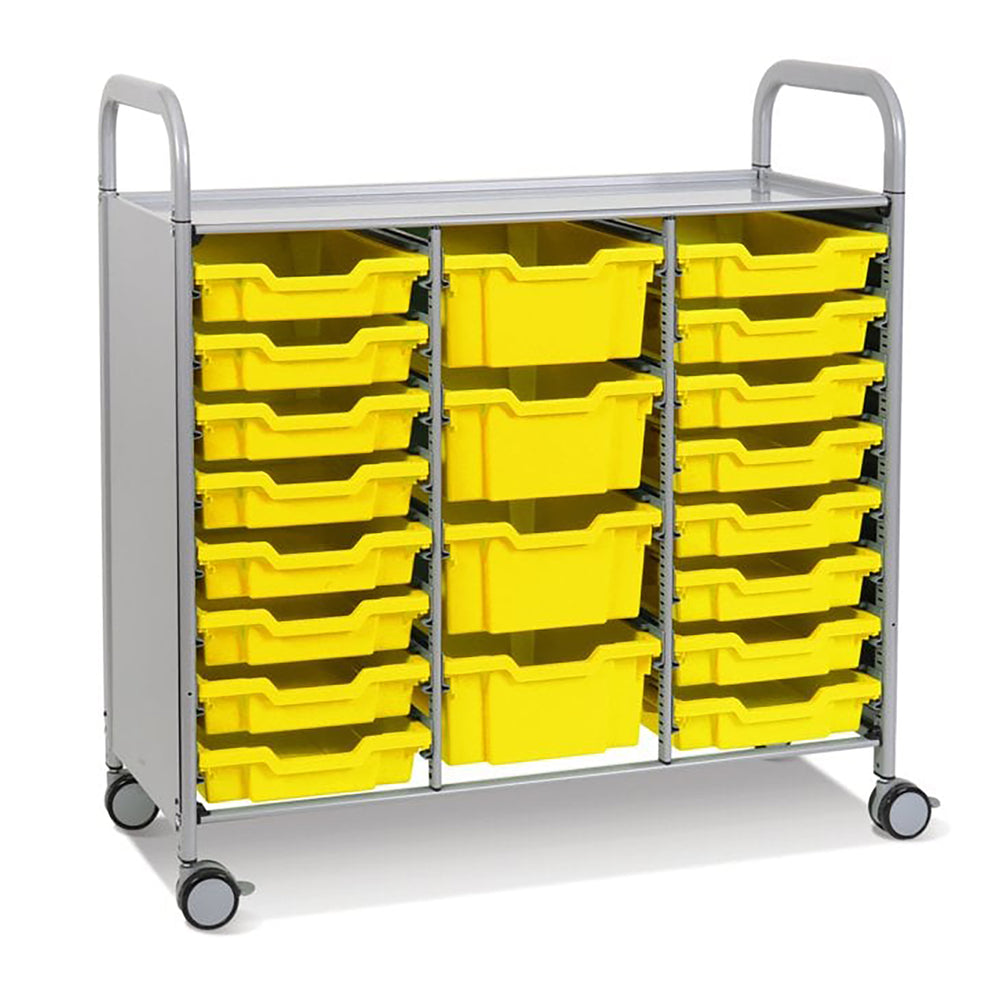 Callero Plus Treble Column Silver Trolley with 16 Shallow & 4 Deep Trays-Gratnells-Sunshine Yellow-GRSSET1744020202-Plastic Box Shop