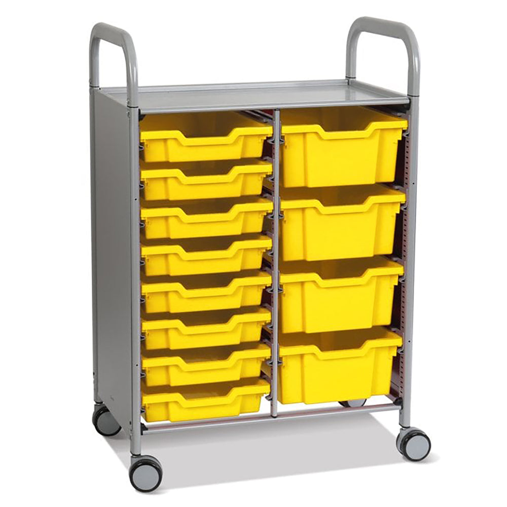 Callero Plus Double Column Silver Trolley with 8 Shallow & 4 Deep Trays-Gratnells-Sunshine Yellow-GRSSET18440202-Plastic Box Shop