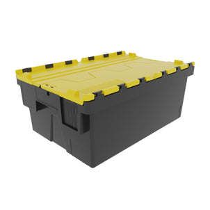 Pallet of 85 x 44 Litre Attached Lid ALC Containers (250mm high)-LH-Black and Yellow Lid-LH250P85RY-Plastic Box Shop