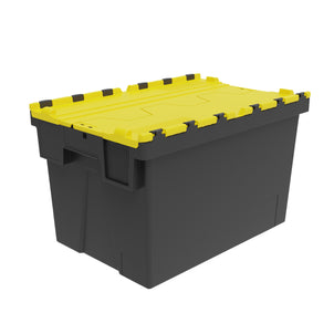 Pallet of 85 x 65 Litre Attached Lid ALC Containers (365mm high)-LH-Black and Yellow Lid-LH365P85RY-Plastic Box Shop