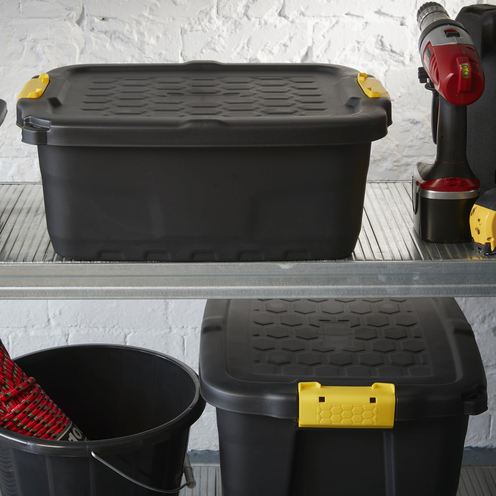 Pack of 5 x 24L Heavy Duty Storage Trunk Black/Yellow-Strata-Plastic Box Shop