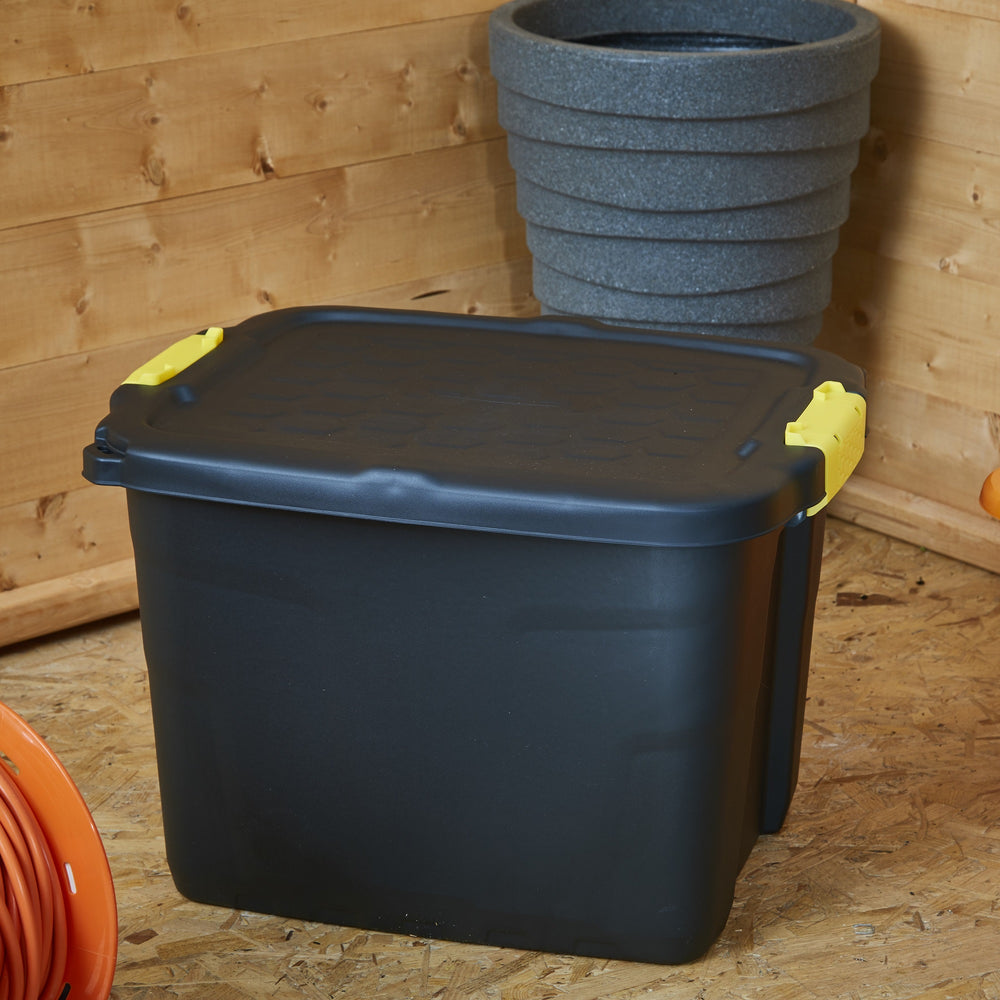 Pack of 4 x 42L Heavy Duty Storage Trunk Black/Yellow-Strata-Plastic Box Shop