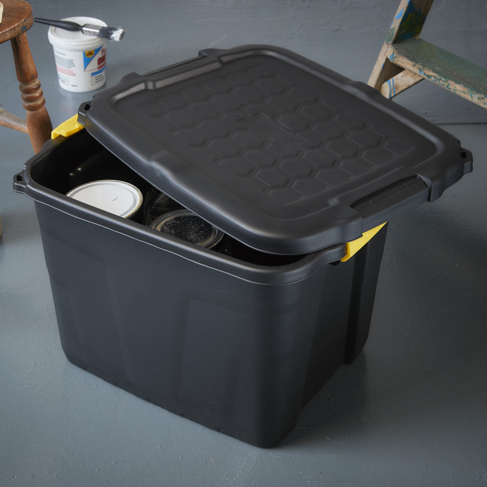 Pack of 4 x 42L Heavy Duty Storage Trunk Black/Yellow-Strata-Plastic Box Shop